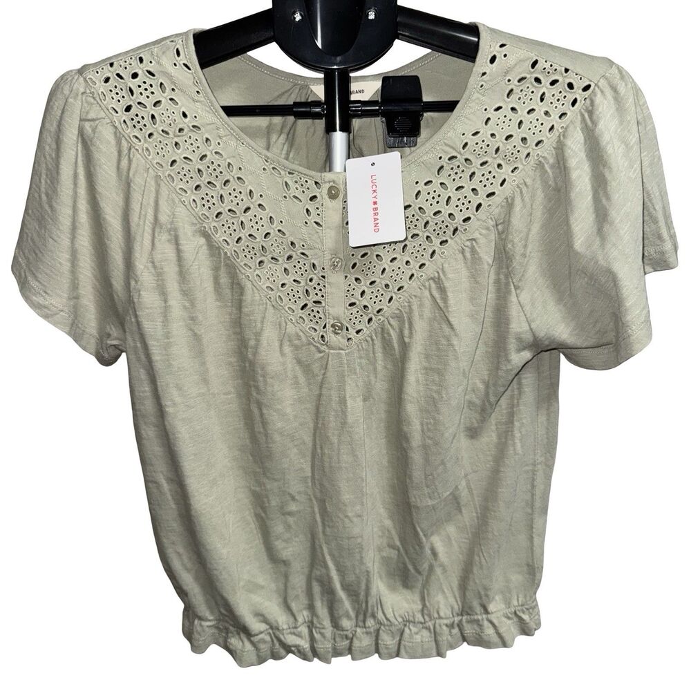 NWT Lucky Brand Top Medium Blouse Green Cotton Lace Short Sleeve Peasant Boho - Picture 1 of 14